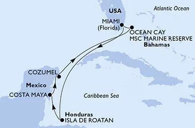 Carte de l'itineraire Caraibes — Miami, Roatan, Costa Maya, Cozumel, Ocean Cay